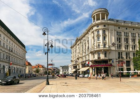 Warsaw, Poland - August 2, 2017: Architecture And People On The Street New World In Warsaw.