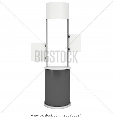 Stall or Kiosk Modern Promostand Reception Desk. Trade show booth white and blank. 3d render illustration isolated on white background. Template mockup for your expo design.