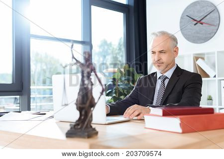 serious mature lawyer working with laptop in office