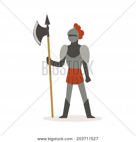Knight full body armor suit standing with axe, European medieval character colorful vector Illustration on a white background