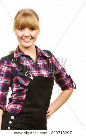 Smiling Standing Woman Wearing Dungarees And Shirt