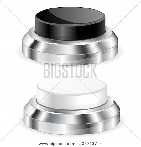Black and white push buttons with metal base. Vector 3d illustration isolated on white background