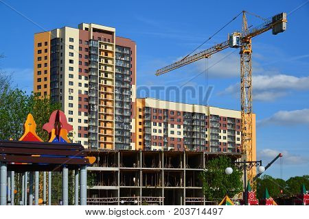 Khimki, Russia - May 30.2017. Construction of residential buildings in the Levoberezie district