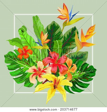 Vector Abstract exotic tropical leaf and flowers background