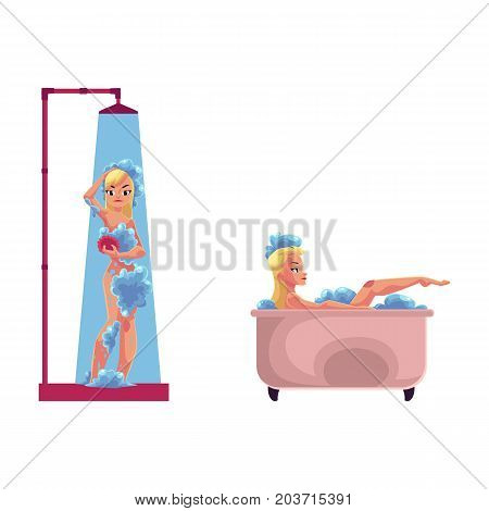 vector cartoon adult blond cute woman washing in bathtub, relaxing in bubble bath, another taking shower. Cartoon female character set, isolated illustration on a white background.