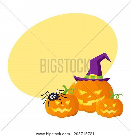 Three Hallowing jack o lanterns, pumpkins, big and small, in pointed witch hat, cartoon vector illustration with space for text. Three Halloween pumpkin, jack o lantern in pointed wizard hat