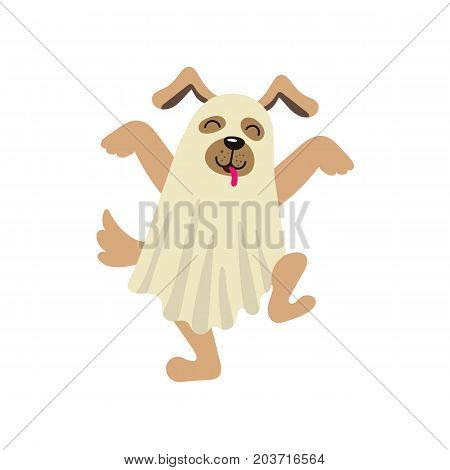 vector flat cartoon funny dog puppy dressed up in bedsheet like ghost dances sticking out his tongue . Isolated illustration on a white background. Fancy Halloween outfit for an animal concept