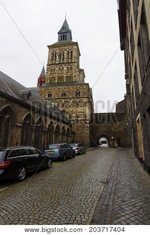 MAASTRICHT NETHERLANDS - JANUARY 09 2015: Vrijthof square. Basilica of Saint Servatius. Maastricht is the oldest city of the Netherlands and the capital city of the province of Limburg.