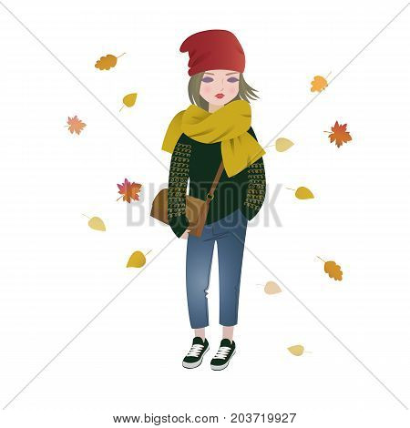 Cute fashion cartoon girl wearing trendy autumn outfit vector isolated illustration