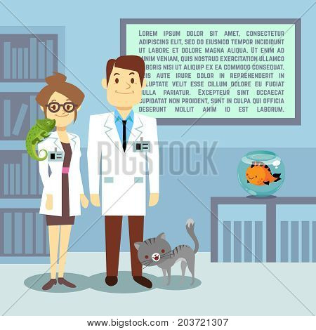 Flat veterinary office with doctors and animals. Medical office hospital, vector illustration
