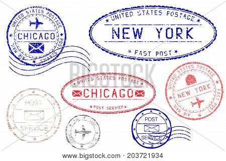 Postmarks NEW YORK and CHICAGO. Blue and red ink postal elements. Vector illustration isolated on white background