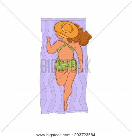 vector flat cartoon style caucasian plump woman in green swimsuit lying on puple beach mat in sun hat. Female cute character sunbathing at summer .Isolated illustration on a white background.