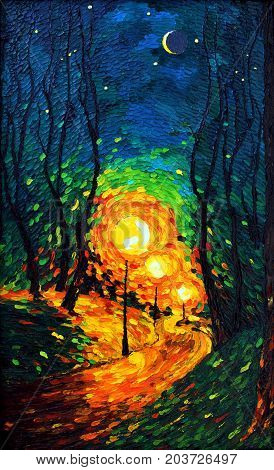 Original oil painting on canvas of lights the evening mystic night in park - Modern Art - Expressionism