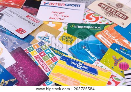 SARANSK, RUSSIA - SEPTEMBER 06, 2017: Various loyalty cards.