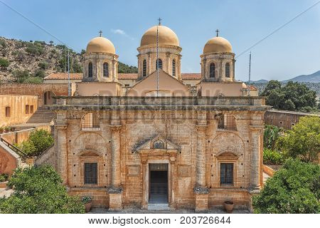 Chania, Greece - August, 2017: Monastery of Agia Triada Tzagaroli in Chania region on Crete island, Greece.