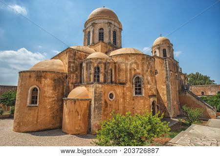 Chania, Greece - August, 2017: Monastery of Agia Triada Tzagaroli in Chania region on Crete island, Greece.