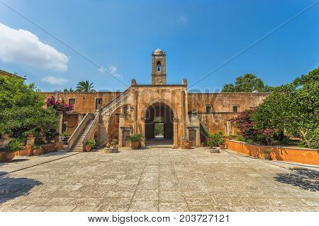 Chania, Greece - August, 2017: Monastery of Agia Triada Tzagaroli in Chania region on Crete island, Greece.