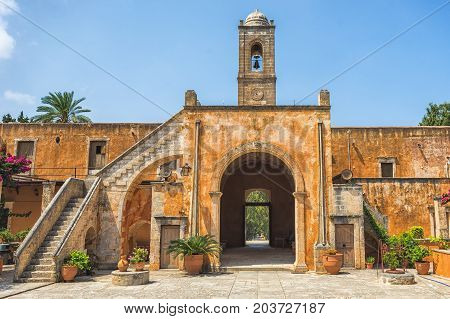 Chania, Greece - August, 2017: Monastery of Agia Triada Tzagaroli in Chania region on Crete island, Greece.