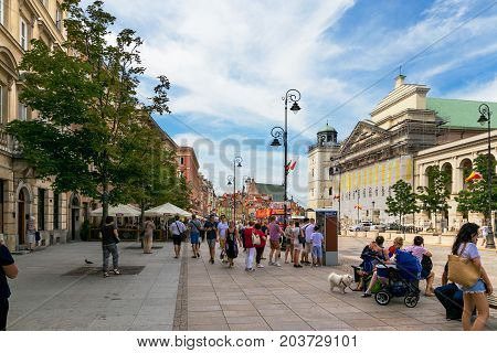 Warsaw, Poland - August 2, 2017: Architecture And People On The Street New World In Warsaw.