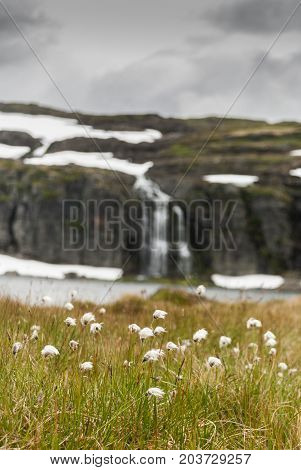 Waterfall in the mountains along the National tourist route Aurlandstjellet. Flotane. Western Norway