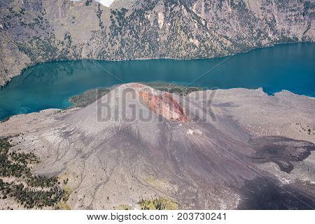 Close up of active volcano and crater lake from the summit of Rinjani Mountain Lombok - Indonesia.