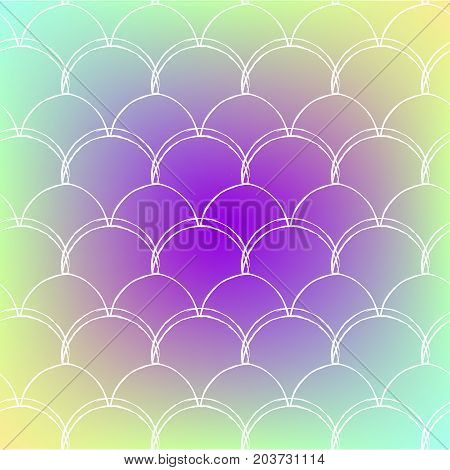 Squama on trendy gradient background. Square backdrop with squama ornament. Bright color transitions. Mermaid tail banner and invitation. Underwater and sea pattern. Rainbow colors.