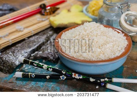 Asian Food Background. Sushi And Rolls Preparation. Making Sushi At Home Traditional Sushi Ingredien