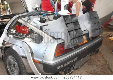 Genoa Italy - September 10: The movie De Lorean Return to the future on display during the Genova cosplay race