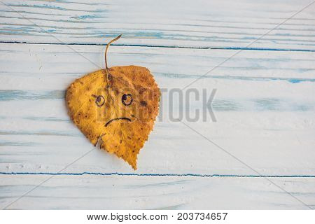 Yellow And Green Leaf With Sad Face On The Old Wooden Background