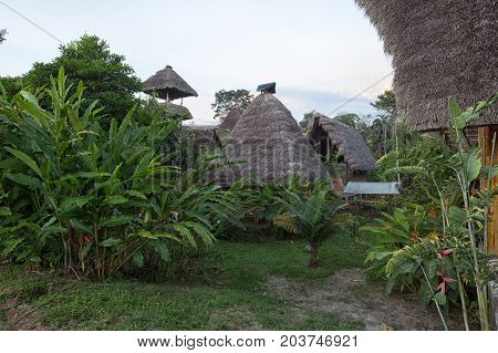 June 6 2017 Misahualli Ecuador: eco buildings made of bamboo in the Amazon area