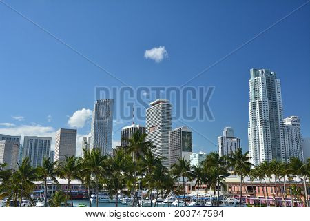 MIAMI USA - MARCH 18 2017 : Skyscrapers in Downtown Miami and marina bay