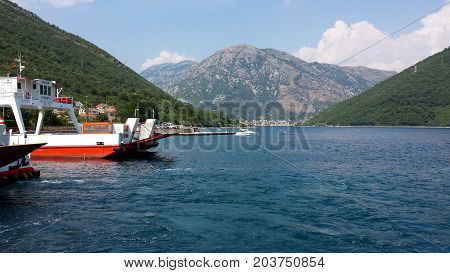 Kamenari, Montenegro - June 26, 2017: Ferries which transport cars the short distance from Lepetane to Kamenari on the Montenegrin coast.