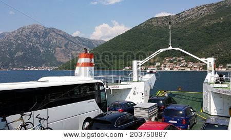 Kamenari, Montenegro - June 26, 2017: Ferries which transport cars the short distance from Lepetane to Kamenari on the Montenegrin coast.