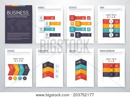 Set with infographics. Data and information visualization. Template. Stock vector. Dynamic infographics stylish geometric. element for design business invitations, gift cards, flyers and brochures