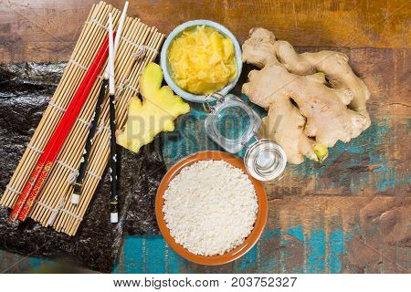 Asian Food Background. Sushi And Rolls Preparation. Making Sushi At Home Traditional Sushi Ingredien