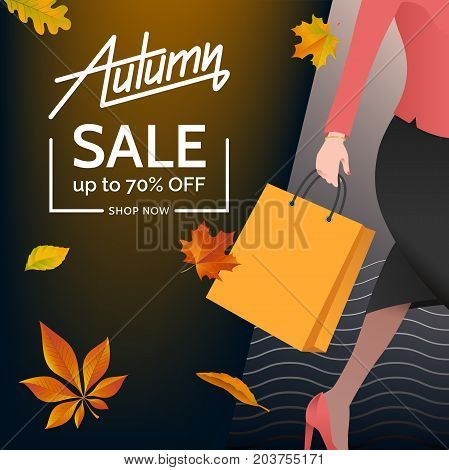 Walking woman with shopping bag. Falling autumn foliage. Creative autumn sale illustration. Vector eps 10.