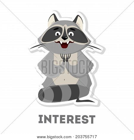 Isolated interested raccoon on white background. Funny cartoon animal.