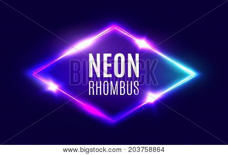 Night Club Neon Rhomb. 3d Retro Light Lozenge Sign With Neon Effect. Techno Rhombus Background. Glowing Brill Frame On Dark Blue Backdrop. Electric Street Diamond. Vector Illustration in 80s Style.