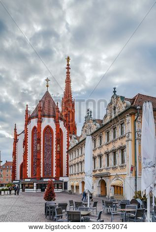 View of Square Oberer markt with Marienkapelle and house of falcon Wurzburg Germany