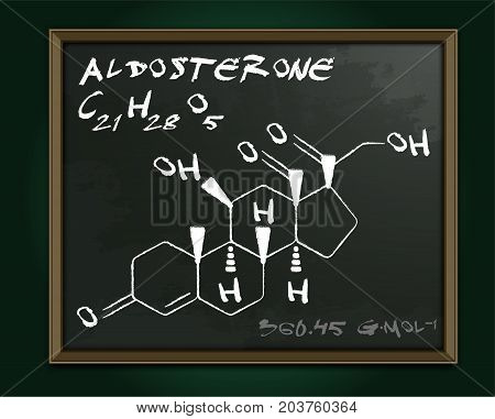 Aldosterone molecule image. Vector illustration handwritten on a dark grey background. Chemistry, biology, medicine and healthcare concept with chalk handwriting. Medical class blackboard.