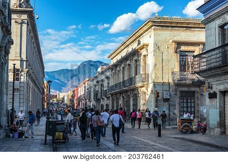 OAXACA MEXICO - MARCH 4: Busy pedestrian street in the historic center of Oaxaca Mexico on March 4 2017