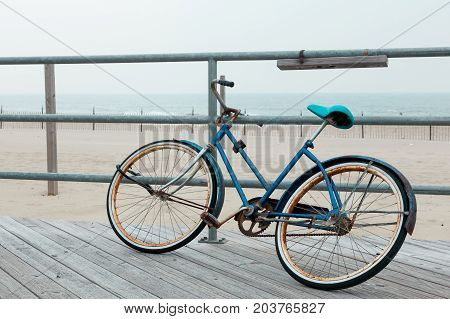 A bicycle is abandoned on the famous Asbury Park boardwalk in New Jersey.