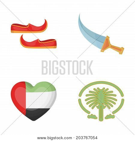 Eastern shoes, dagger, the heart of the emirates, Palm Jumeirah.Arab emirates set collection icons in cartoon style vector symbol stock illustration .