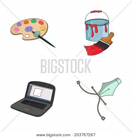 A palette with a brush, a bucket with a paint brush, a computer, a tool, a pen.Artist and drawing set collection icons in cartoon style vector symbol stock illustration .