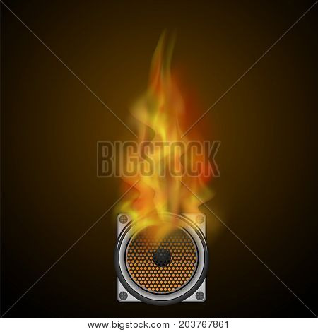 Musical Black Speaker and Fire Flame Isolated on Blurred Dark Background