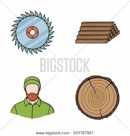 Circular saw, a working carpenter, a stack of logs. A sawmill and timber set collection icons in cartoon style vector symbol stock illustration .