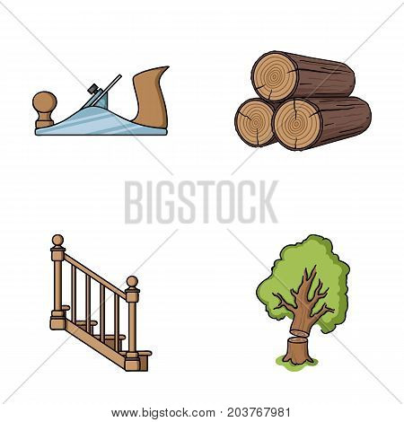 Logs in a stack, plane, tree, ladder with handrails. Sawmill and timber set collection icons in cartoon style vector symbol stock illustration .