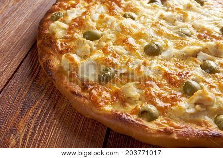 homemade pizza with rockfish . , close up meal