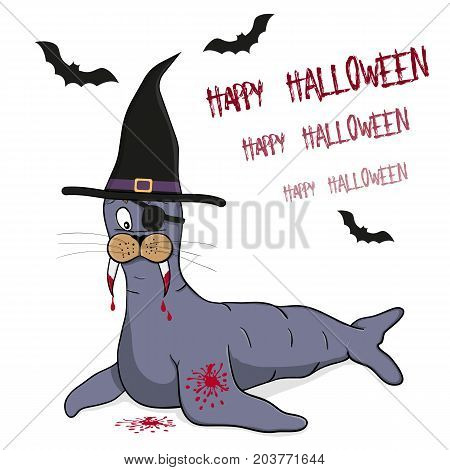 Stylized vector sea lion pirate with witch hat. Sea lion stylized like a vampire. White background with black silhouettes of bats.