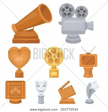 A set of awards for the movie viewings. Gold, silver and bronze awards to the Director, the actor. Moovie awards icon in set collection on cartoon style vector symbol stock web illustration.